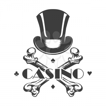 Cylinder Hat and Skeleton Bones with wording Casino. Casino Emblem in tattoo style. vector illustration.