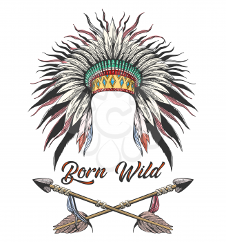 Tattoo of Native American War Bonnet and Two Arrows with Lettering Born Wilde. Vector Illustration.