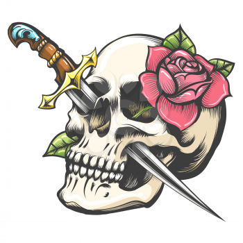 Colorful Tattoo of skull with Rose flower and Dagger isolated on white. Vector illustration.