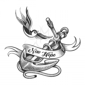 Tattoo of Flying swallow and Anchor with lettering new Hope on ribbon. Vector illustration.