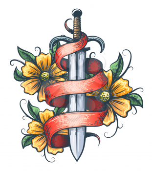 Tattoo of Sword with flowers and ribbon. Vector Tattoo.