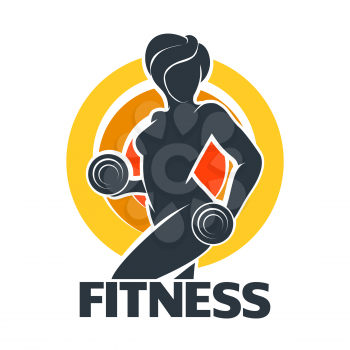 Fitness emblem. Training Woman with dumbbell isolated on white. Vector illustration.