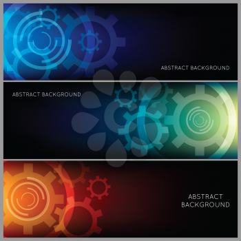 Horisontal abstract industrial background set. Gear pattern in three color variations.