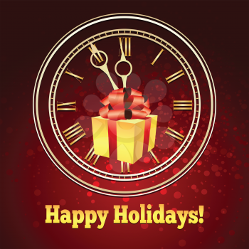 Gift box with red bow against the clock and wording Happy Holidays on red background