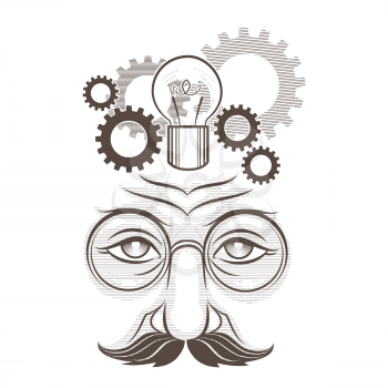 Illustration of human head, gears and lamp as thinking process drawn in engraving retro style isolated on white
