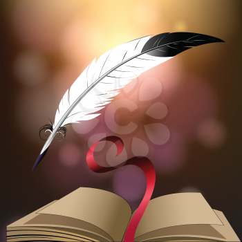 Open book and quill pen against fantasy background. Colorful illustration.