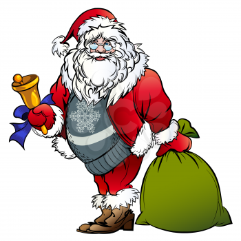 Illustration of Santa Claus with hige bag of gifts and bell drawn in cartoon style