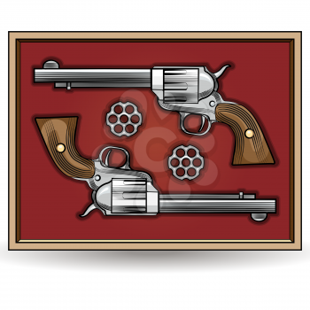 Illustrations of two revolvers in a box drawn in cartoon style