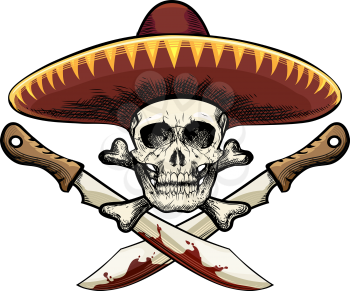 Illustration of skull in mexican sombrero against two machetes drawn in tattoo sketch style