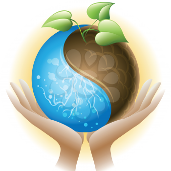 The human hands holds the sphere with growing sprout as allegory of environmentally friendly technologies