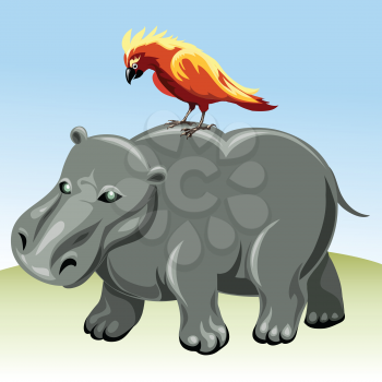 Funny illustration with walking hippopotamus and parrot on his back as allegory of family relationship drawn in cartoon style