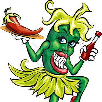 Humorous illustration of green pepper in waitress uniform with a bottle of hot sauce and prepared chili on a tray