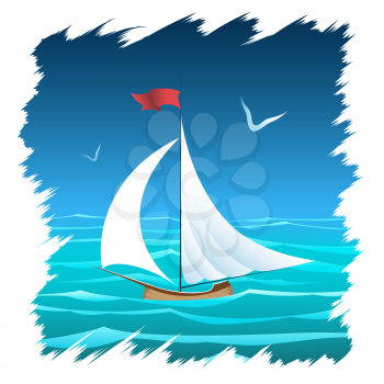 The sailboat floating in the sea. Colorful illustration.