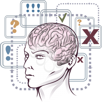 Illustration with human head against marked plates, paths  and arrows as allegory of thinking process drawn in retro style