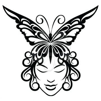 Illustration of young woman face and butterfly hairdress drawn in tattoo style.