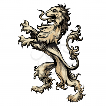 Illustration of heraldry lion drawn in engraving style isolated on white