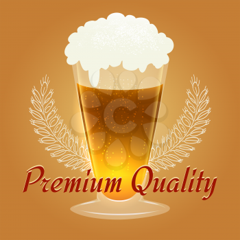 Glass of beer with barley wings and wording Premium Quality. Vector illustration