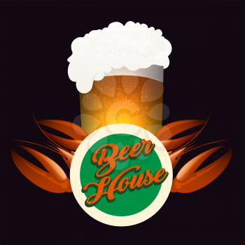 Pub or Beer House Emblem. Glass full of beer and boiled crawfish. Vector illustration.