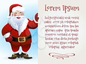 Santa Claus Character holds board with Sampe text in Blank Space. Vector Illustration