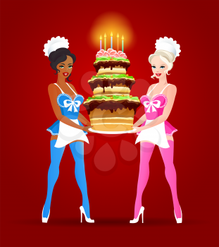 Beautiful girls in confectioner suits holds Birthday cake. Vector illustration.