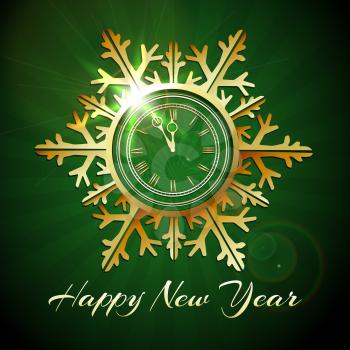Shiny snowflake shaped New Year Clock against green background. Vector illustration.