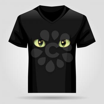 Template black T-shirt with cat's eyes. Vector illustration