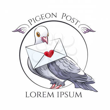 Dove with love message in ia beak isolated on white background. Symbol of vintage Pigeon Post. Vector illustration.