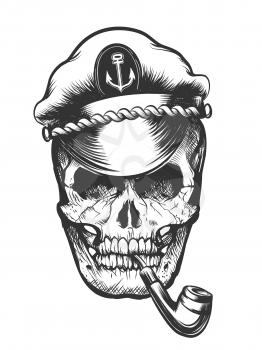 Human skull in captain peaked cap smoking tobacco pipe. Vector illustration.