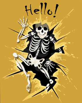 Human Skeleton Look Out of Wall Hole and wording Hello. Vector illustration.