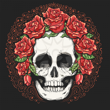 Human skull and rose flower wreath tattoo. Los muertos. Vector illustration.