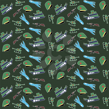 Military Background army  pattern. ?artoon military equipment. Tank, plane, cap, weapons, military ship. February 23