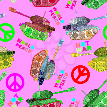 No war. Tank seamless pattern. hippie background. world peace