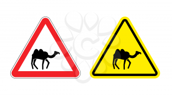 Warning sign attention camel. Hazard yellow sign desert animals. Silhouette Home of  beast on red triangle. Set  Road signs.