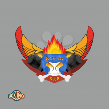 Sports shield emblem. Boxing logo skull. Logotype  boxing Club. Skull in boxing gloves and helmet, with  wings and fire
