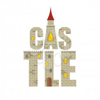Castle with  Red Tower. Letters from the stones. Vector illustration of a historic Royal Castle with Windows and a wooden door.