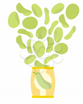 Potato chips taste of Zucchini. Packaging, bag of chips on a white background. Chips flying out from Pack. Delicacy for vegetarians. Food vector illustration.