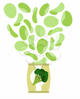 Potato chips taste like broccoli. Packaging, bag of chips on a white background. Chips flying out from  Pack. Vegetarians  Food vector illustration.
