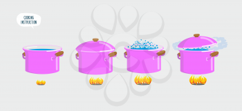 Set cooking plates. Boiling water for various dishes. Vector illustration