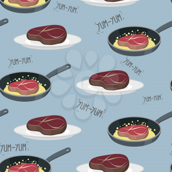 Cow steak on a plate. Pork steak on skillet. Seamless pattern from meat. Yum-Yum. Vector illustration. Background of Tenderloin
