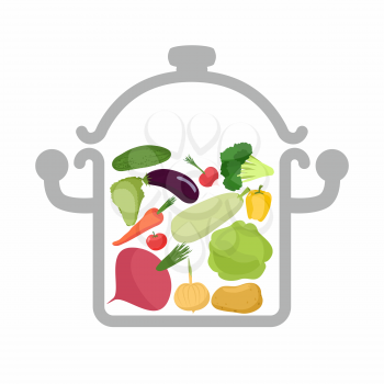 Vegetables in a saucepan. Logo for  vegetarian menu. Useful and healthy food. Boiled beets and squash. Cooking vegetables in saucepan. A set of useful vegetables: onions and pepper. Vector illustratio
