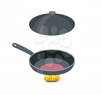 Open pan on a white background. Vector illustration. Pan stands on fire

