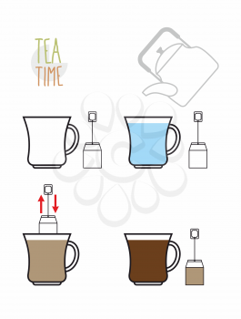 Instruction tea. Infographics steps to make tea from the bag. Vector illustration.