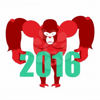 Gorilla keeps numbers 2016. Symbol of  new year red monkey. Vector illustration of African animal
