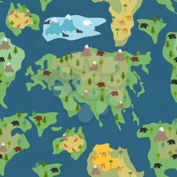 Continents seamless pattern. World map is endless ornament. Geographical Atlas with flora and fauna background. Detailed map with animals and trees.