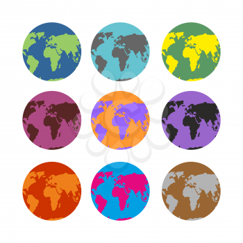 Set of color atlases. Multicolored map of Earth. World continents on ocean.
