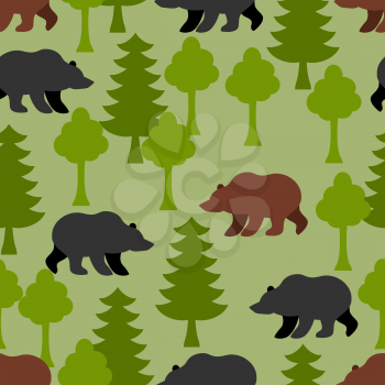 Bears in  woods as a seamless pattern.  Grizzly and  trees. Ornament animals of Alaska. Russian bears home. Wildlife of Canada background