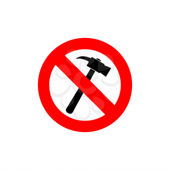 Stop hammer. It is forbidden to knock. Frozen silhouette construction sledgehammer. Emblem against construction noise. Red forbidding character. Ban loud work
