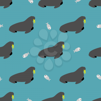 Seal and fish seamless pattern. Walrus with large tusks. Arctic animals fabric ornament
