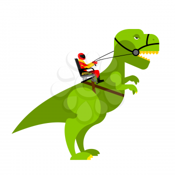 Dinosaur rider. Man sits on back of huge wild Raptor. Teamster dragons. Racer on evil toothy Monster.