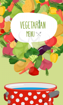 Menu of vegetables. Vegetarian food vector illustration. Concept for restaurant nutrition. Cooking in a pan of useful products